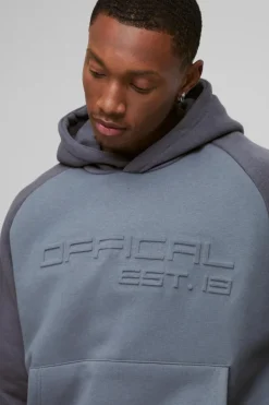 Outlet boohooMAN Oversized Boxy Official Embossed Colour Block Hoodie charcoal