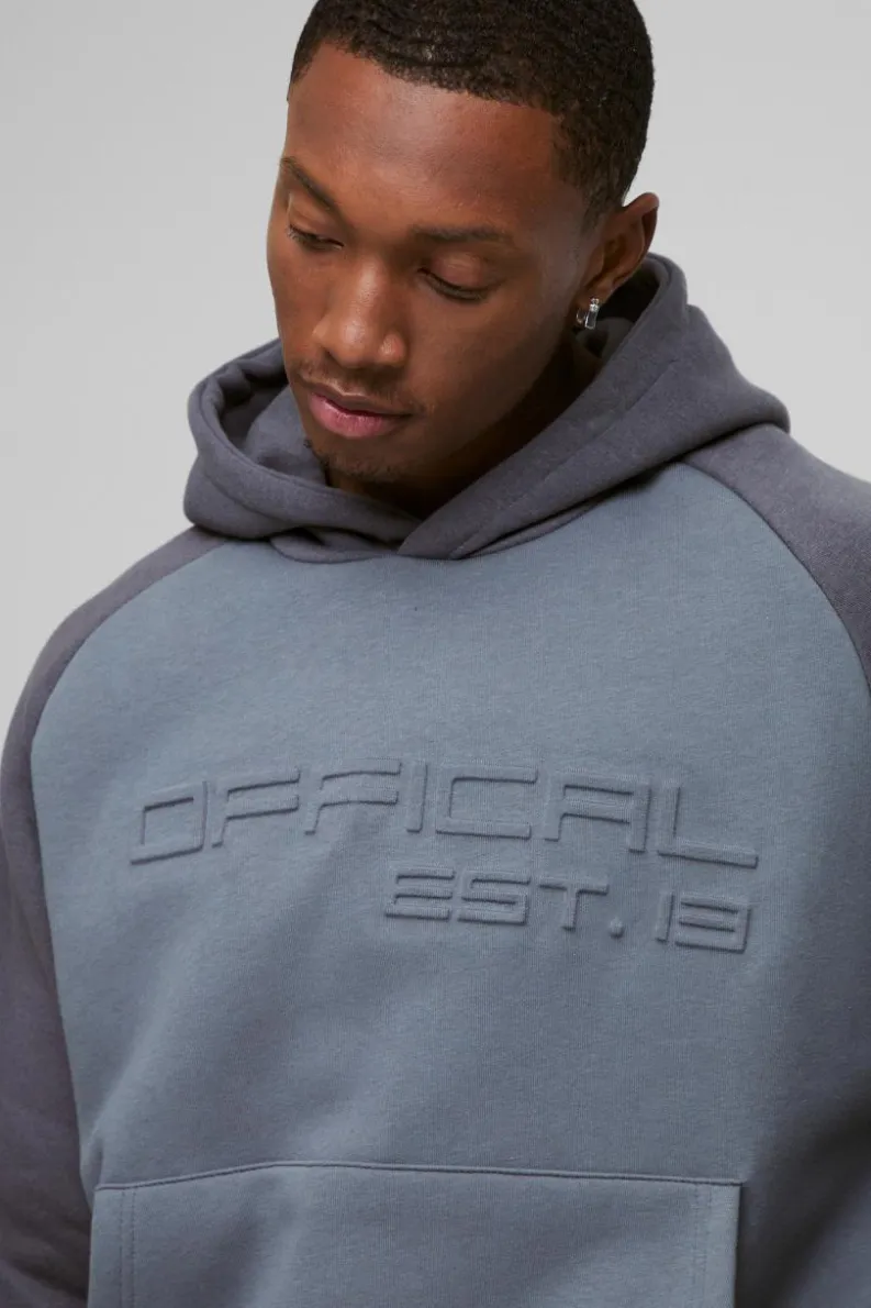 Outlet boohooMAN Oversized Boxy Official Embossed Colour Block Hoodie charcoal