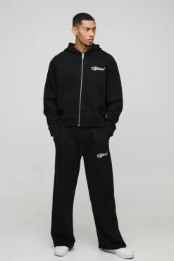 Hot boohooMAN Oversized Boxy Official Embroidery Zip Through Tracksuit black