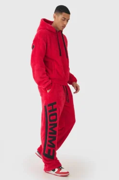 Best Sale boohooMAN Oversized Boxy Official Embroide Teddy Borg Hooded Tracksuit red