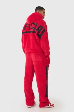 Best Sale boohooMAN Oversized Boxy Official Embroide Teddy Borg Hooded Tracksuit red