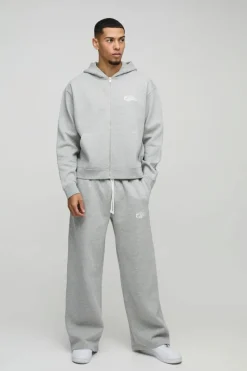 Online boohooMAN Oversized Boxy Official Embroidery Zip Through Tracksuit grey marl