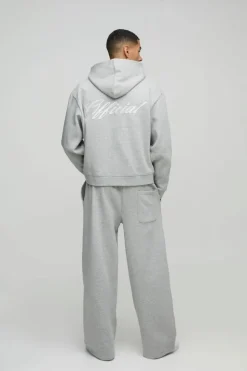Online boohooMAN Oversized Boxy Official Embroidery Zip Through Tracksuit grey marl