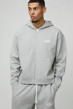 Online boohooMAN Oversized Boxy Official Embroidery Zip Through Tracksuit grey marl