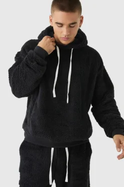 Flash Sale boohooMAN Oversized Boxy Official Embroidered Teddy Borg Hoodie black