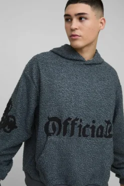 Cheap boohooMAN Oversized Boxy Official Goth Cross Boucle Borg Hoodie charcoal