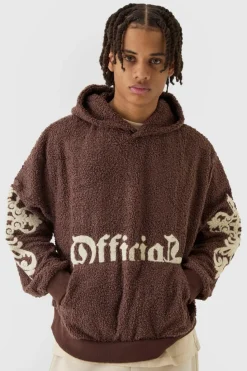 Best Sale boohooMAN Oversized Boxy Official Goth Cross Boucle Borg Hoodie brown