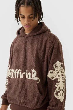 Best Sale boohooMAN Oversized Boxy Official Goth Cross Boucle Borg Hoodie brown