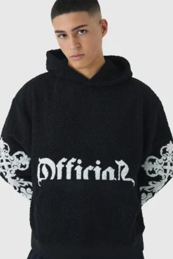 Outlet boohooMAN Oversized Boxy Official Goth Cross Boucle Borg Hoodie black