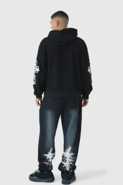 Outlet boohooMAN Oversized Boxy Official Goth Cross Boucle Borg Hoodie black