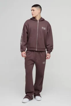 Online boohooMAN Oversized Boxy Official Man Zip Hooded Tracksuit brown