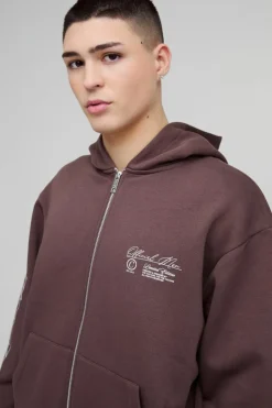 Online boohooMAN Oversized Boxy Official Man Zip Hooded Tracksuit brown
