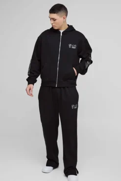 New boohooMAN Oversized Boxy Official Man Zip Hooded Tracksuit black