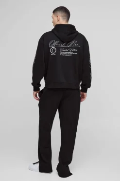 New boohooMAN Oversized Boxy Official Man Zip Hooded Tracksuit black
