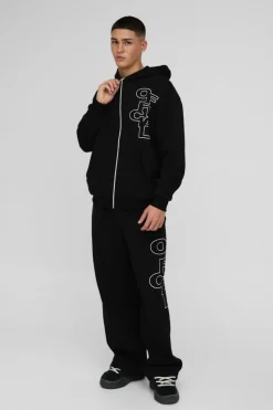 Sale boohooMAN Oversized Boxy Official Outline Zip Through Hooded Tracksuit black