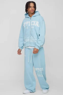 Flash Sale boohooMAN Oversized Boxy Official Print Tracksuit light blue