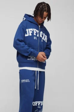 Sale boohooMAN Oversized Boxy Official Print Tracksuit navy