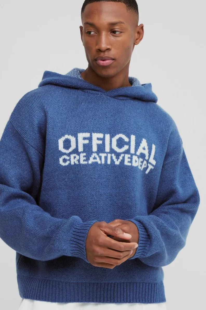 Outlet boohooMAN Oversized Boxy Official Slogan Knit Hoodie slate blue