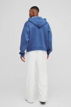 Outlet boohooMAN Oversized Boxy Official Slogan Knit Hoodie slate blue