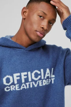 Outlet boohooMAN Oversized Boxy Official Slogan Knit Hoodie slate blue