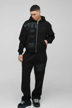 Clearance boohooMAN Oversized Boxy Official Tonal Print Zip Hooded Tracksuit black