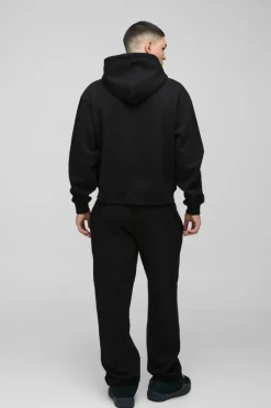 Clearance boohooMAN Oversized Boxy Official Tonal Print Zip Hooded Tracksuit black