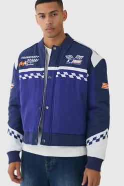 Fashion boohooMAN Oversized Boxy Official Twill Padded Moto Jacket In blue