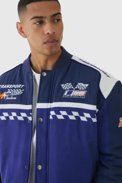Fashion boohooMAN Oversized Boxy Official Twill Padded Moto Jacket In blue