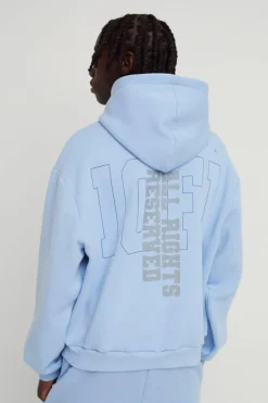 Best Sale boohooMAN Oversized Boxy Official Varsity Distressed Hoodie blue