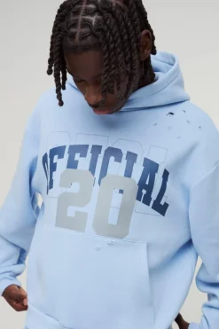 Best Sale boohooMAN Oversized Boxy Official Varsity Distressed Hoodie blue