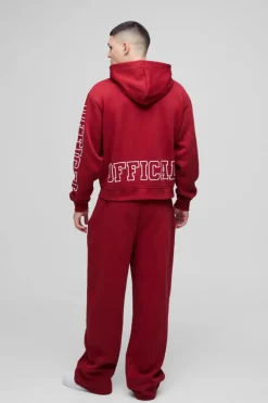 Shop boohooMAN Oversized Boxy Official Zip Through Hooded Tracksuit burgundy