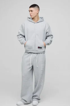 Cheap boohooMAN Oversized Boxy Official Zip Through Hooded Tracksuit grey marl