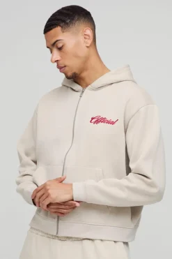 Cheap boohooMAN Oversized Boxy Official Zip Through Hoodie stone