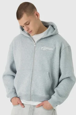 Fashion boohooMAN Oversized Boxy Official Zip Through Hoodie grey marl