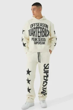Store boohooMAN Oversized Boxy Off Season Puff Printed Hooded Tracksuit ecru