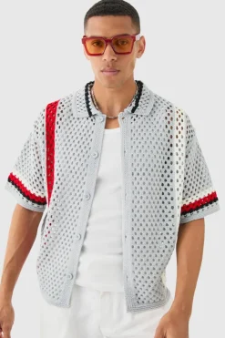 Best Sale boohooMAN Oversized Boxy Open Knit Abstract Stripe Shirt grey