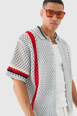 Best Sale boohooMAN Oversized Boxy Open Knit Abstract Stripe Shirt grey