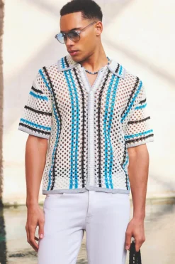 Outlet boohooMAN Oversized Boxy Open Knit Stripe Shirt ecru