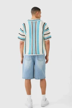 Outlet boohooMAN Oversized Boxy Open Knit Stripe Shirt ecru