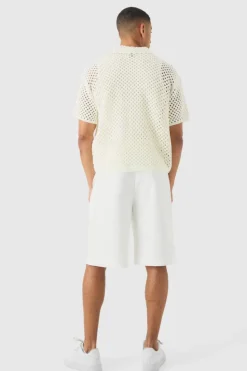 Best Sale boohooMAN Oversized Boxy Open Stitch Placement Stripe Knit Shirt white