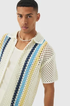 Best Sale boohooMAN Oversized Boxy Open Stitch Placement Stripe Knit Shirt white