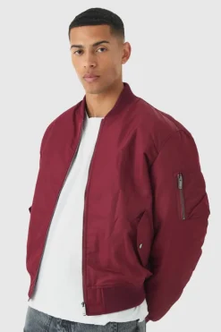 Best boohooMAN Oversized Boxy Padded Nylon Bomber Jacket In burgundy