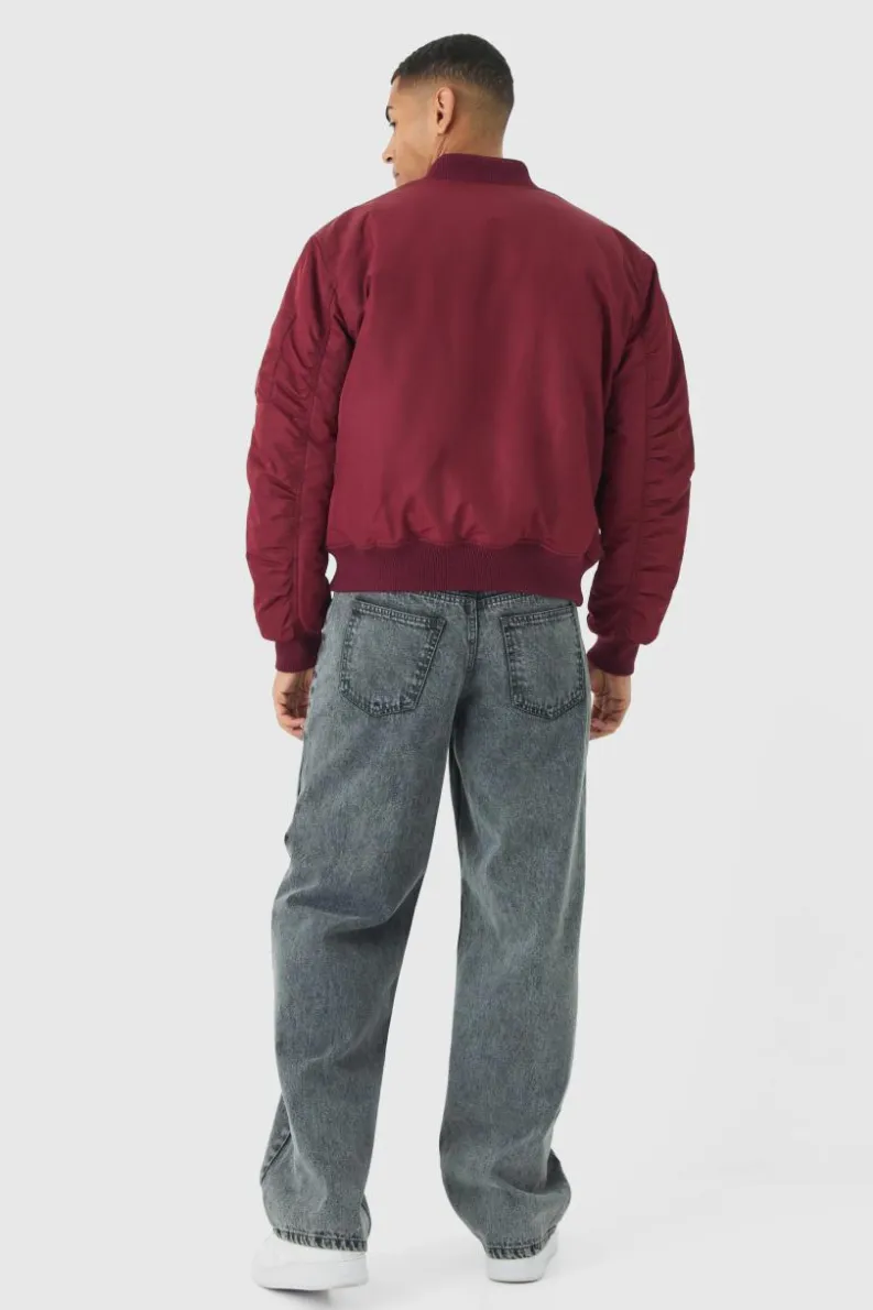 Best boohooMAN Oversized Boxy Padded Nylon Bomber Jacket In burgundy
