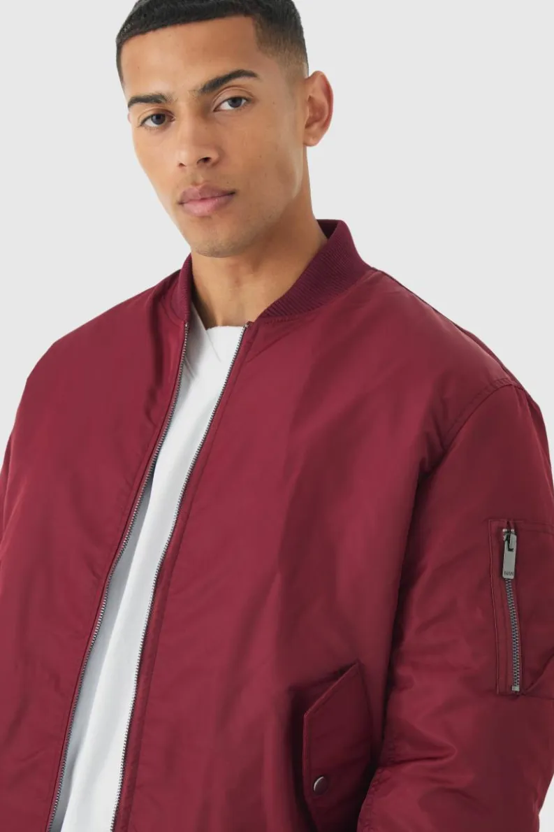 Best boohooMAN Oversized Boxy Padded Nylon Bomber Jacket In burgundy