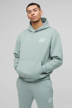Cheap boohooMAN Oversized Boxy Paint Splatter Gusset Hooded Tracksuit khaki