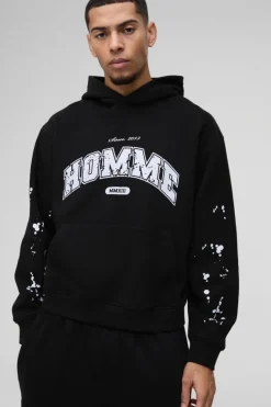 Online boohooMAN Oversized Boxy Paint Splatter Homme Hoodie black
