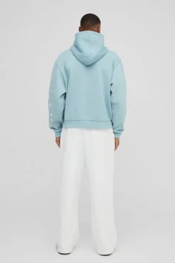 Best boohooMAN Oversized Boxy Paint Splatter Homme Hoodie light blue