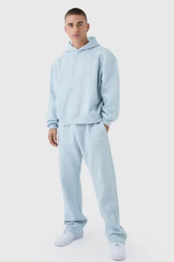 Online boohooMAN Oversized Boxy Paisley Embroidered Hooded Tracksuit light blue