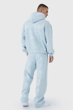 Online boohooMAN Oversized Boxy Paisley Embroidered Hooded Tracksuit light blue