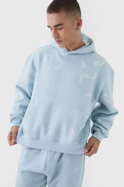 Online boohooMAN Oversized Boxy Paisley Embroidered Hooded Tracksuit light blue